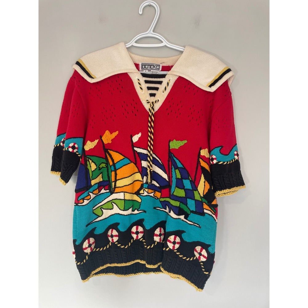 Vintage Berek 2 Red Nautical Sailboat Sailor Collar Lace Up Cotton Sweater Small